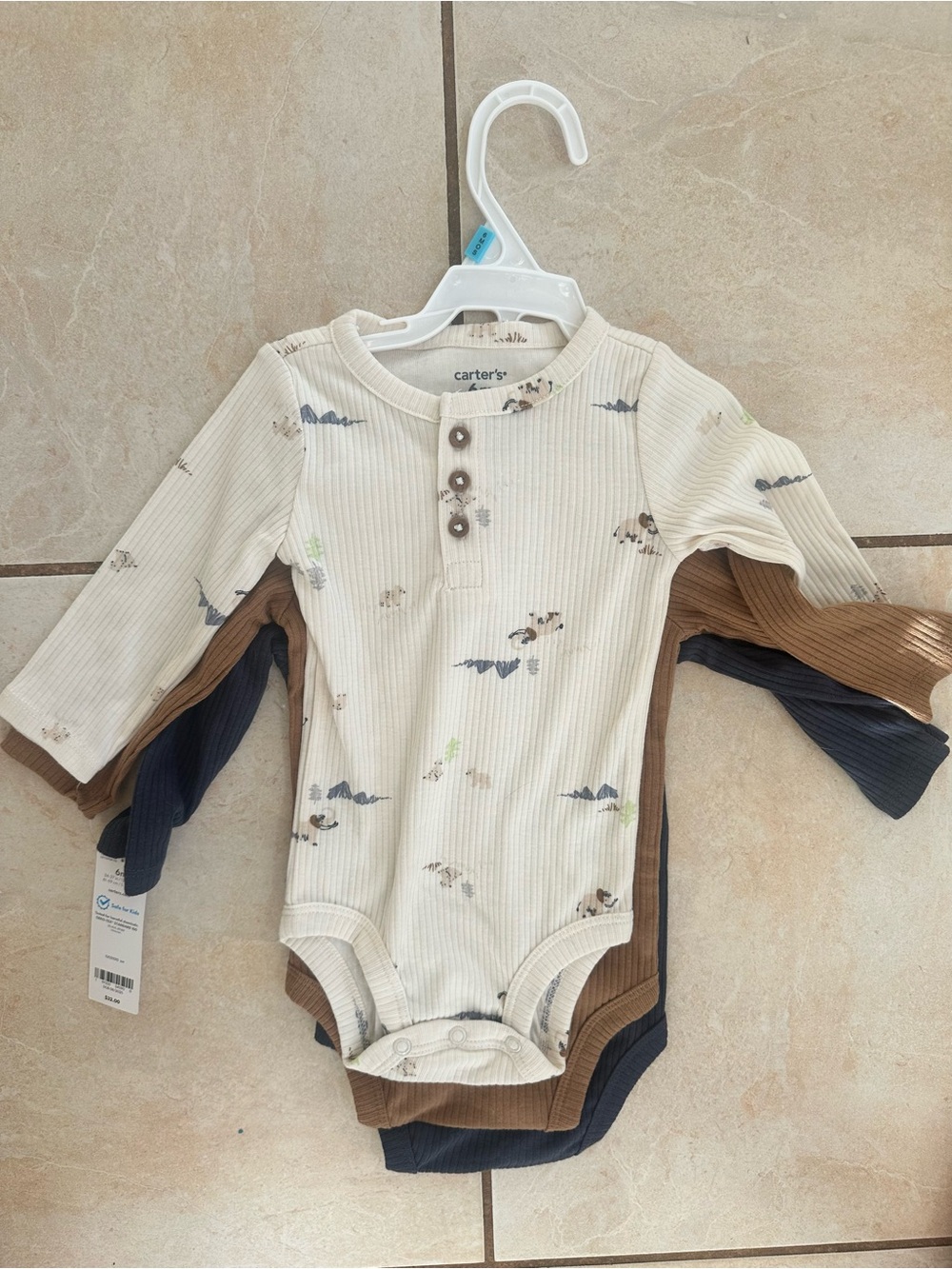 Carter's Cream Printed Ribbed Long-Sleeve One-Piece (Set of 3)